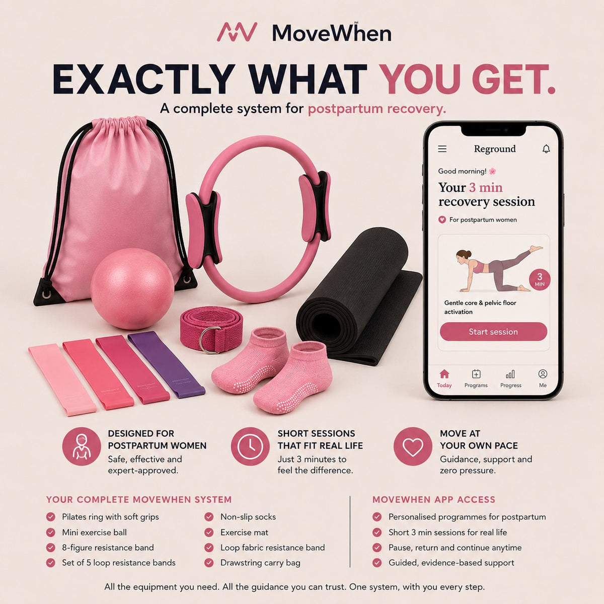 MoveWhen offer card showing the pink-and-black movement kit and guided app.