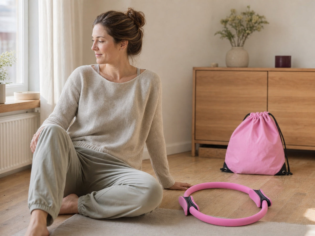 Woman taking a calm moment at home beside a pink resistance ring and drawstring bag.
