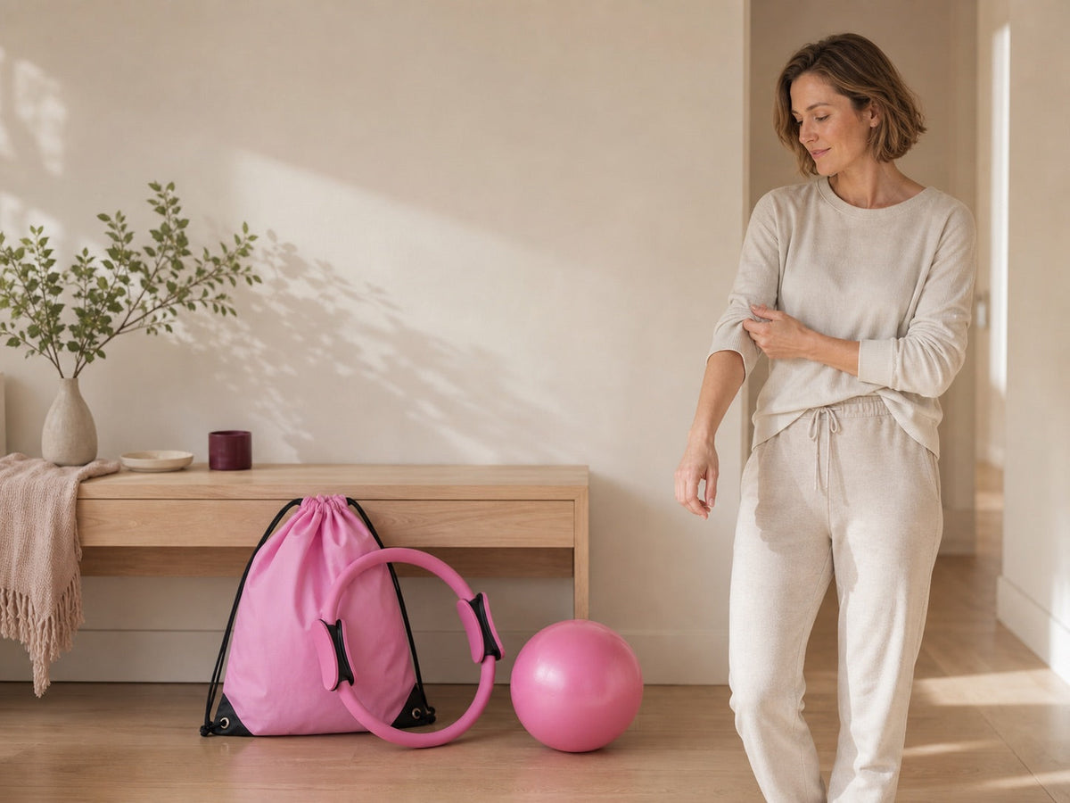 Woman preparing to move at home beside a pink drawstring bag, resistance ring and pink ball.