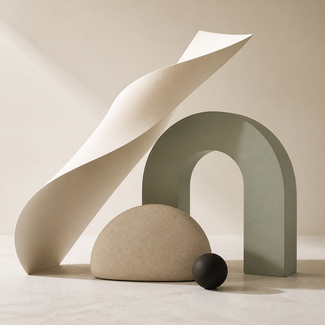 Abstract ivory, sage, sand and charcoal sculptural forms
